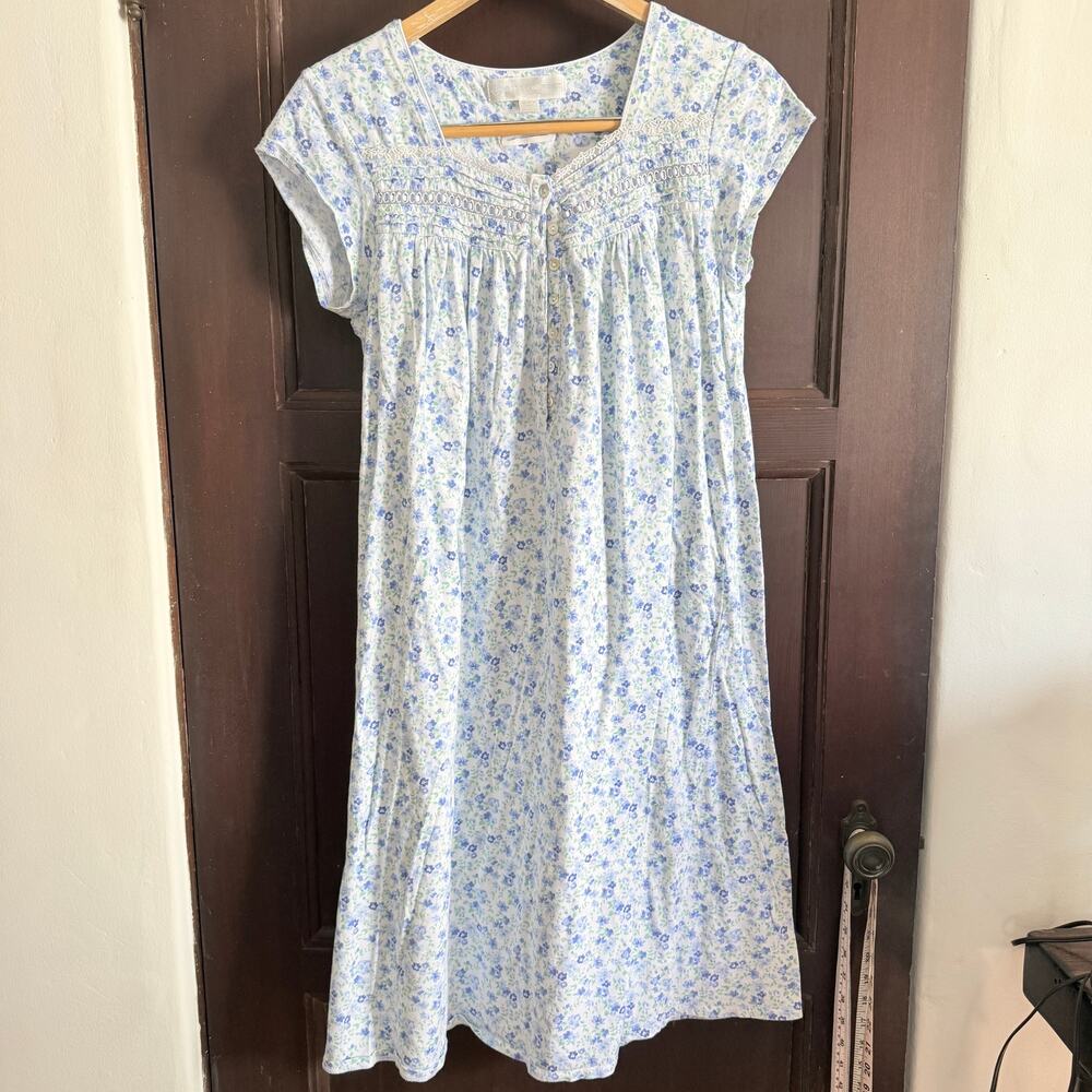 EILEEN WEST | Blue floral Soft Jersey Cap Sleeve Nightgown | Small